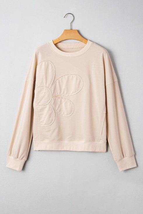 Raw Edge Flower Patch Drop Shoulder Contrast Rib Crewneck Long Sleeve Top